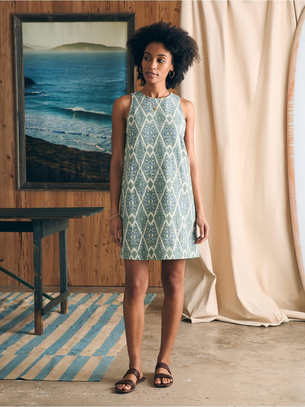 NWT Faherty Carini Ikat Sleeveless Shift Dress Medium Green Olive Organic Cotton